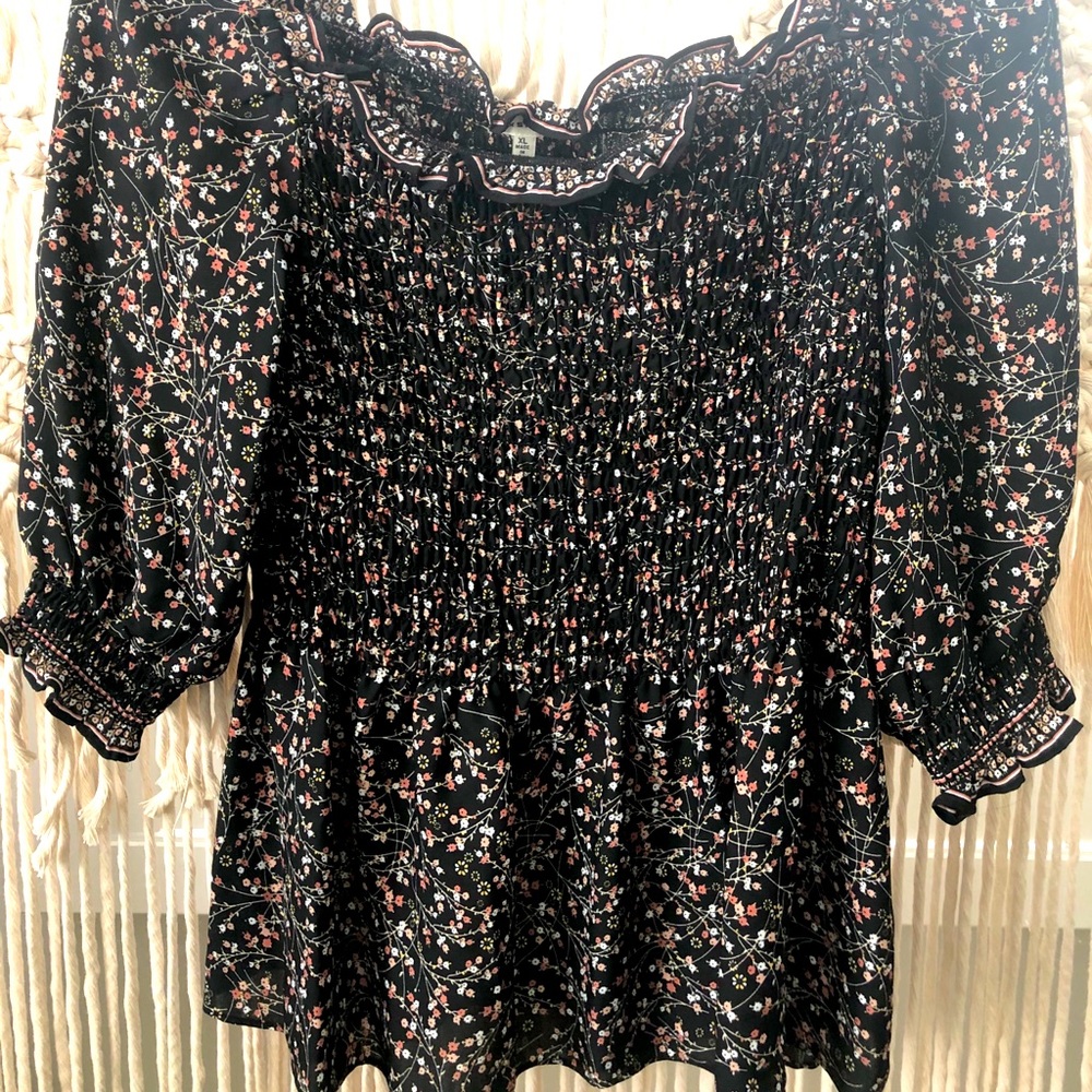 Max studio floral print smocked peasant blouse